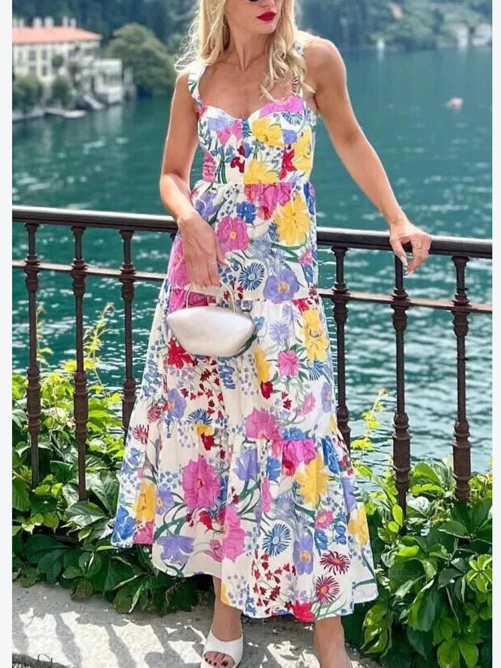 Zara Cream Floral Tiered Midi Dress with Pink, Blue & Yellow Blooms